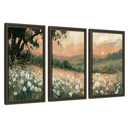 White daisy meadow sunset painting 3 piece framed canvas wall art set on a white background