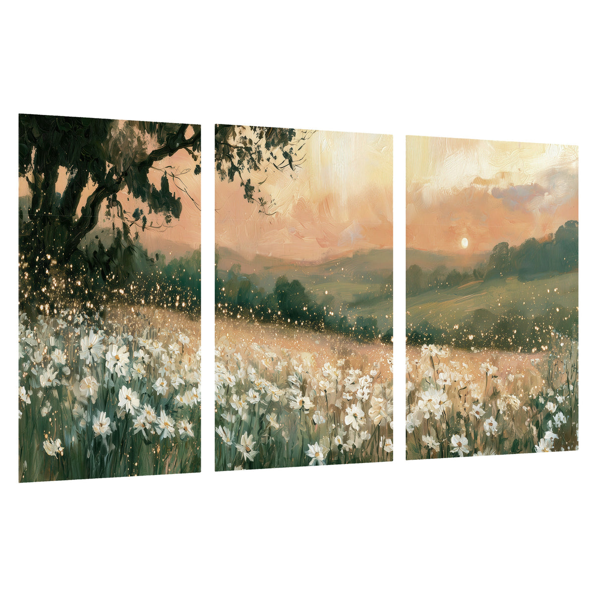 White daisy meadow sunset painting set of 3 poster prints on a white background