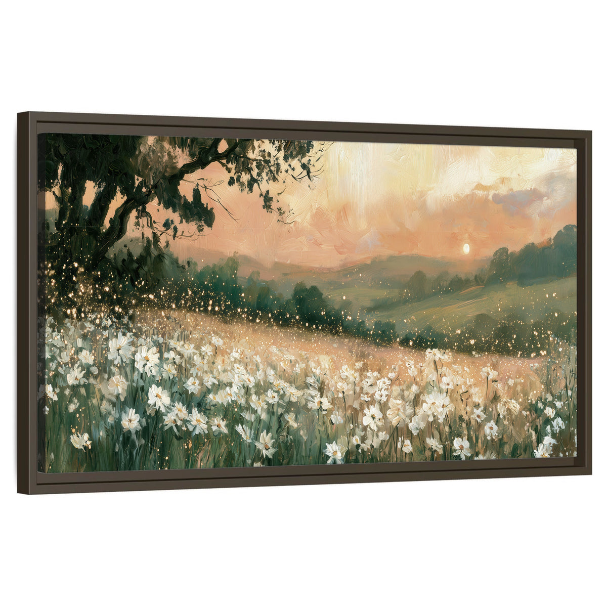 White daisy meadow sunset painting framed canvas wall art on a white background