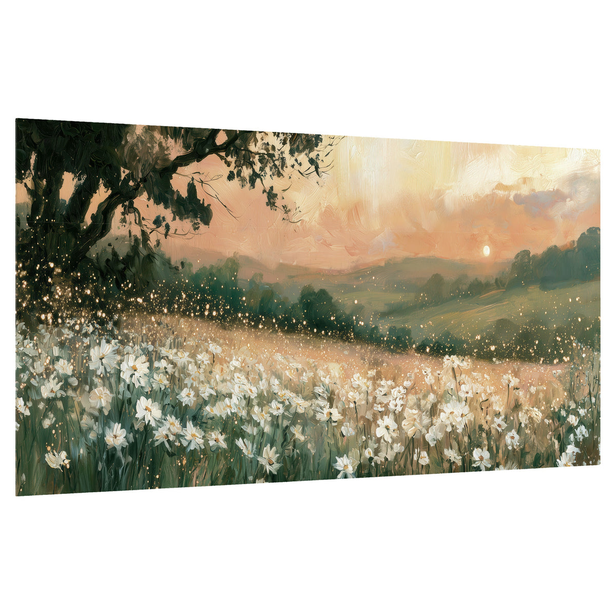 White daisy meadow sunset painting poster print on a white background