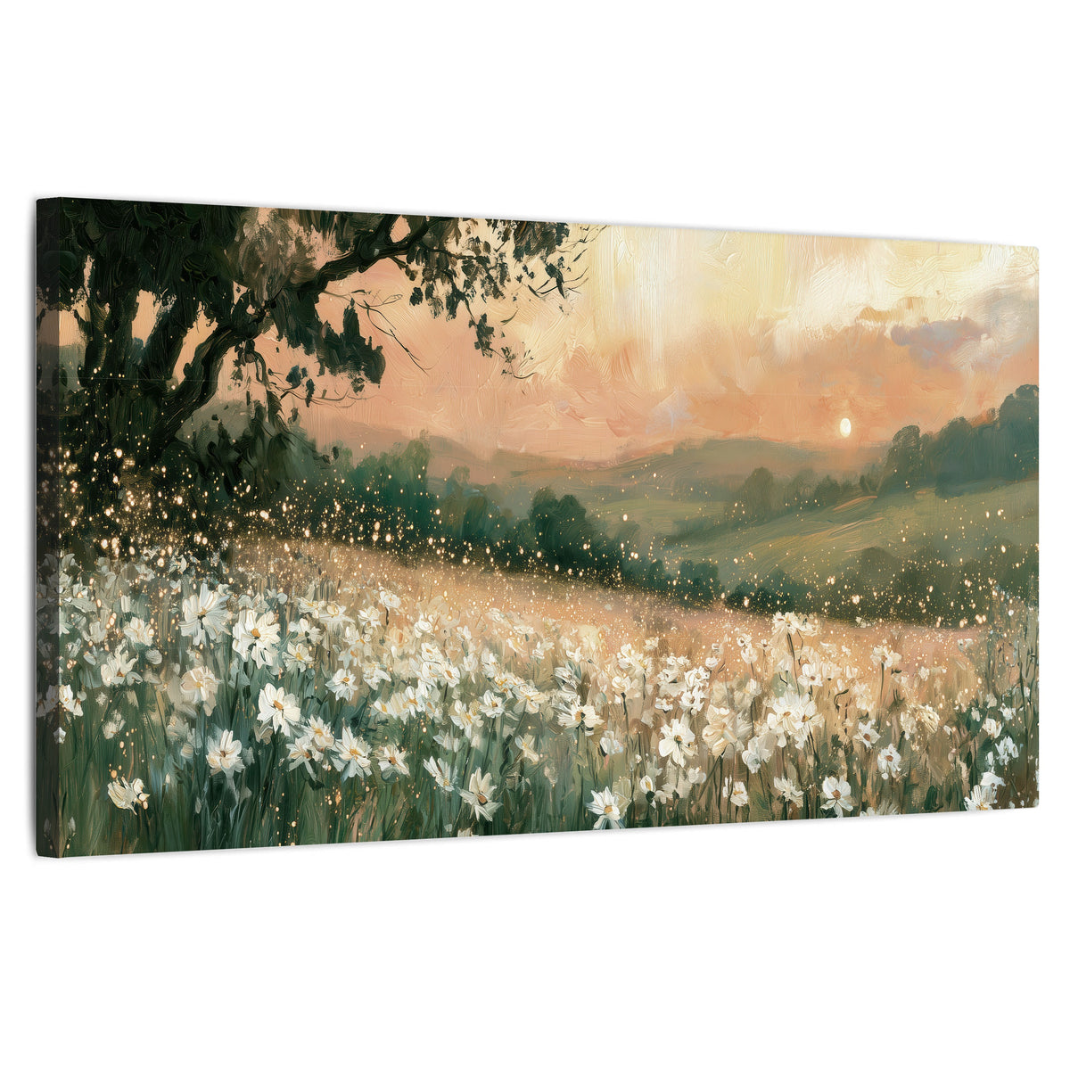 White daisy meadow sunset painting stretched canvas wall art on a white background