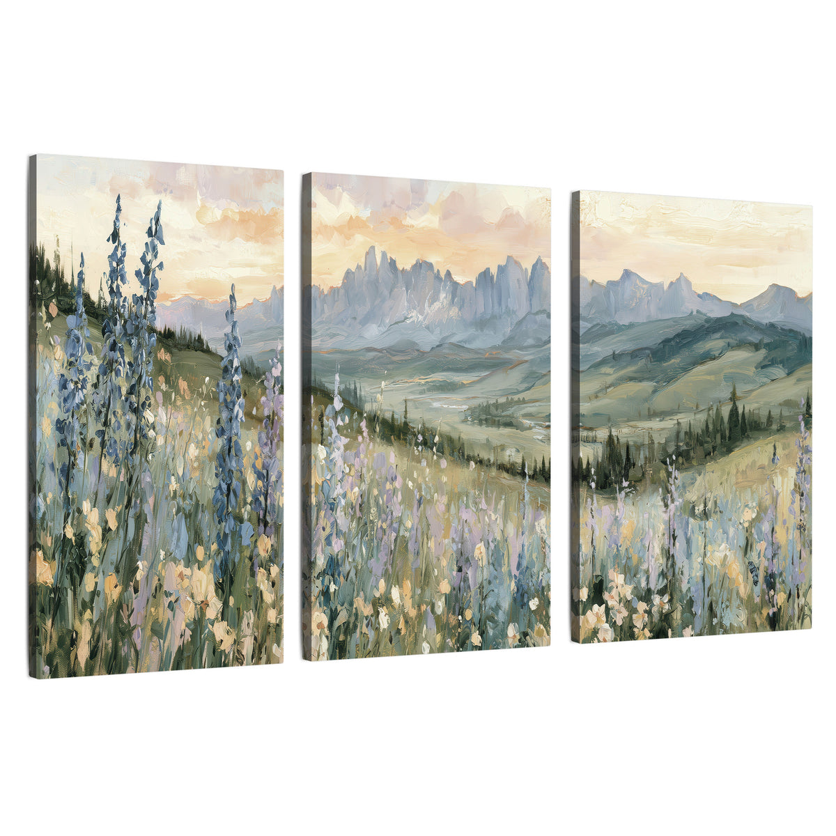 Mountain wildflower valley painting 3 piece canvas wall art set on a white background
