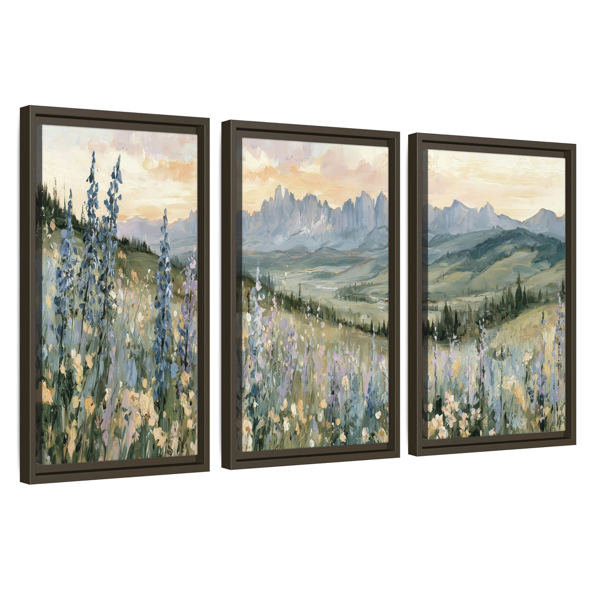 Mountain wildflower valley painting 3 piece framed canvas wall art set on a white background