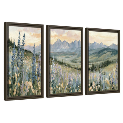 Mountain wildflower valley painting 3 piece framed canvas wall art set on a white background