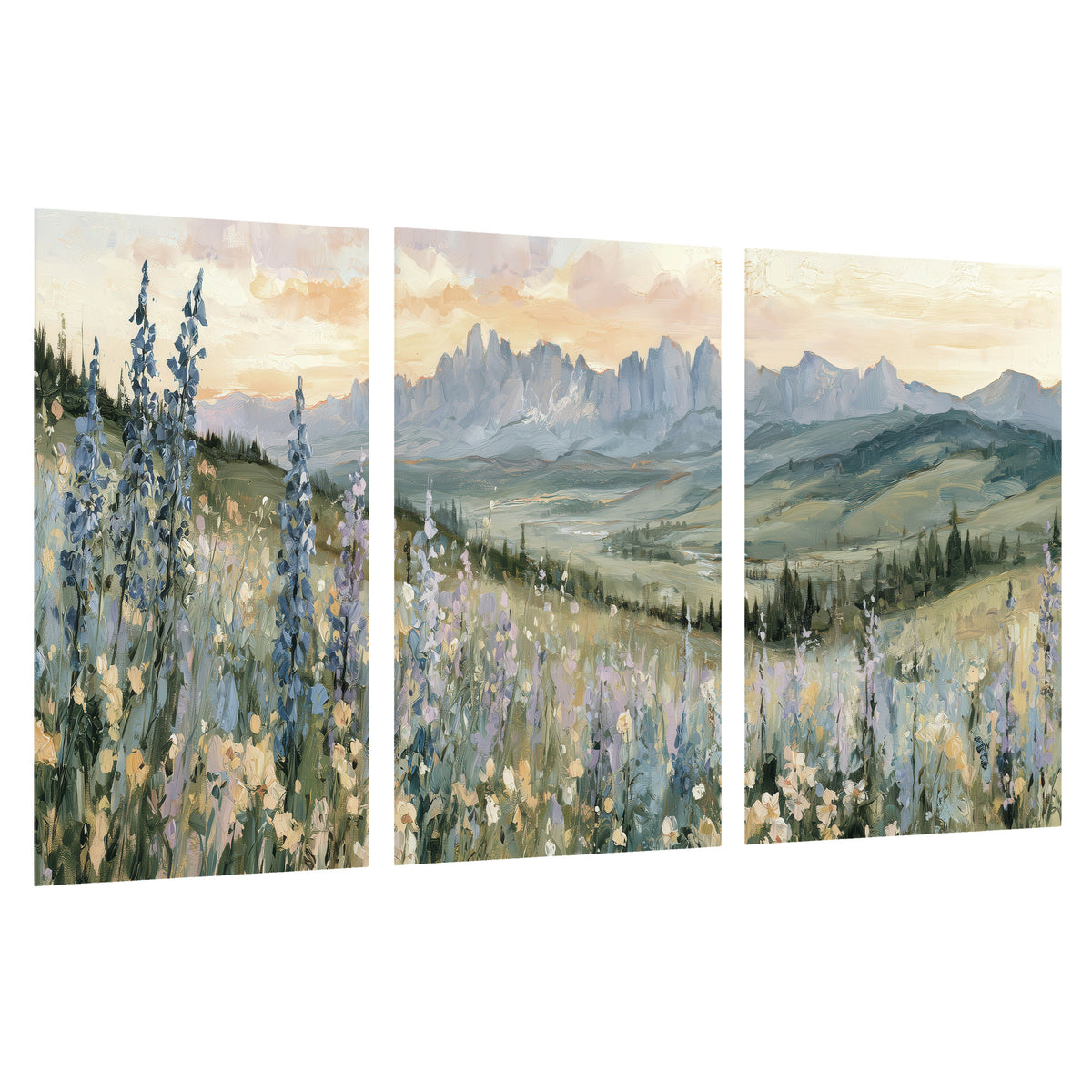 Mountain wildflower valley painting set of 3 poster prints on a white background