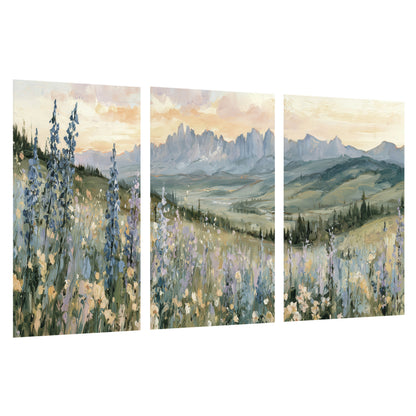 Mountain wildflower valley painting set of 3 poster prints on a white background
