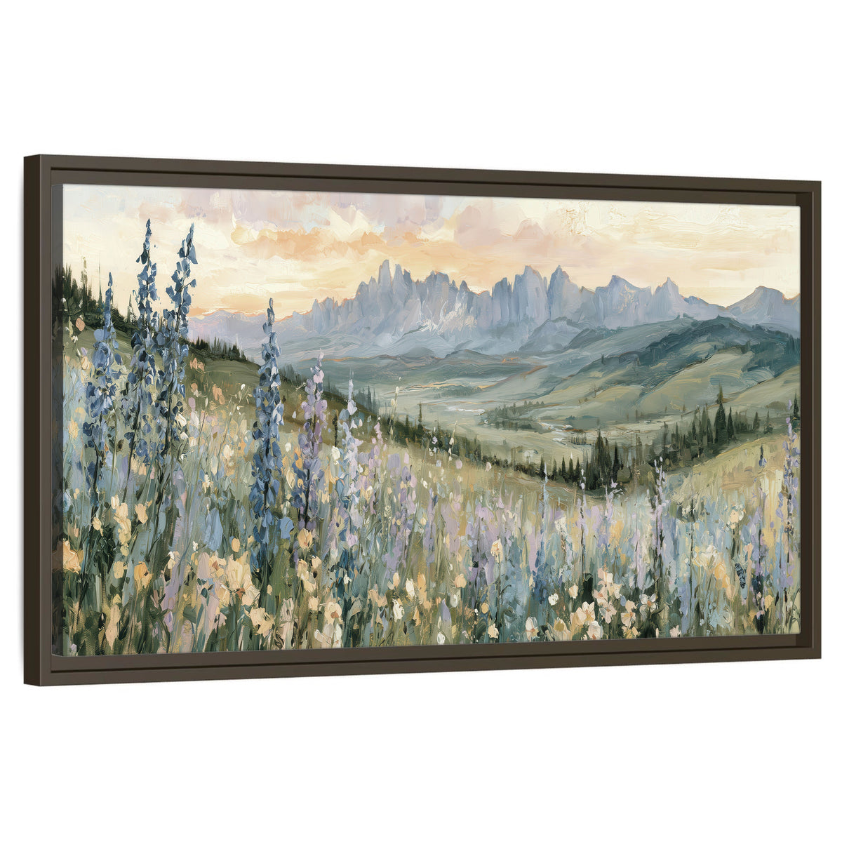 Mountain wildflower valley painting framed canvas wall art on a white background