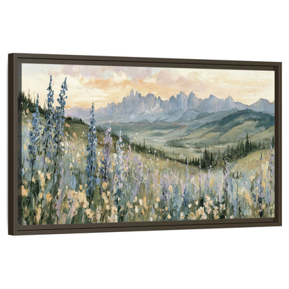 Mountain wildflower valley painting framed canvas wall art on a white background
