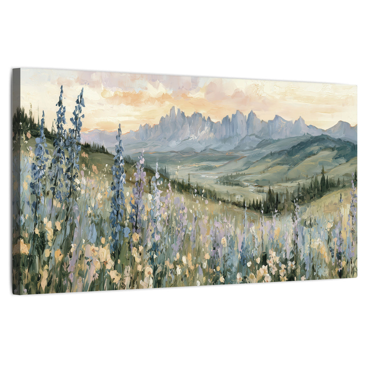 Mountain wildflower valley painting stretched canvas wall art on a white background