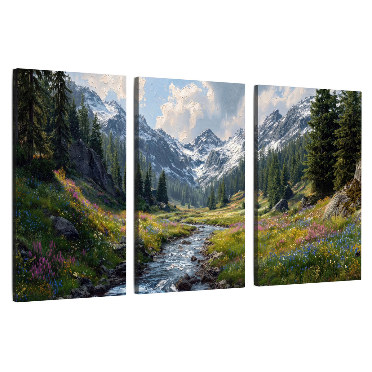 3 piece canvas wall art – snowy mountain valley with stream, pine forest and wildflowers