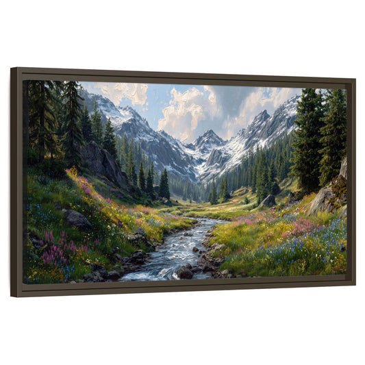 Alpine wildflower valley oil painting wall art in a dark floating frame – snowy mountains, mountain stream and pine forest, framed canvas