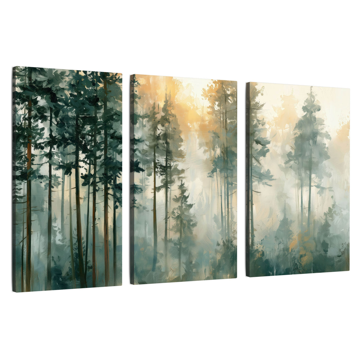 Misty pine forest watercolor painting 3 piece canvas wall art set on a white background