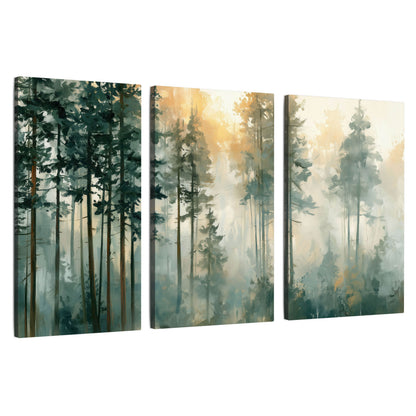 Misty pine forest watercolor painting 3 piece canvas wall art set on a white background