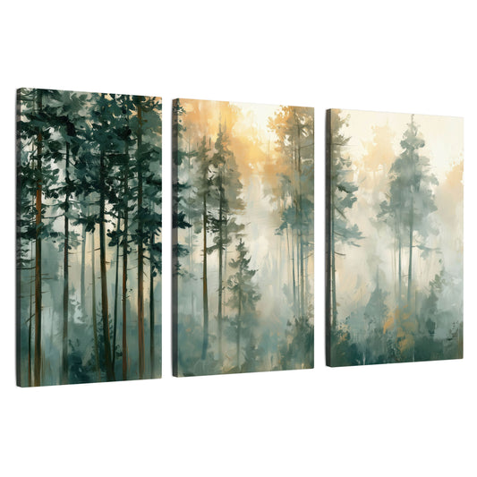 Misty pine forest watercolor painting 3 piece canvas wall art set on a white background