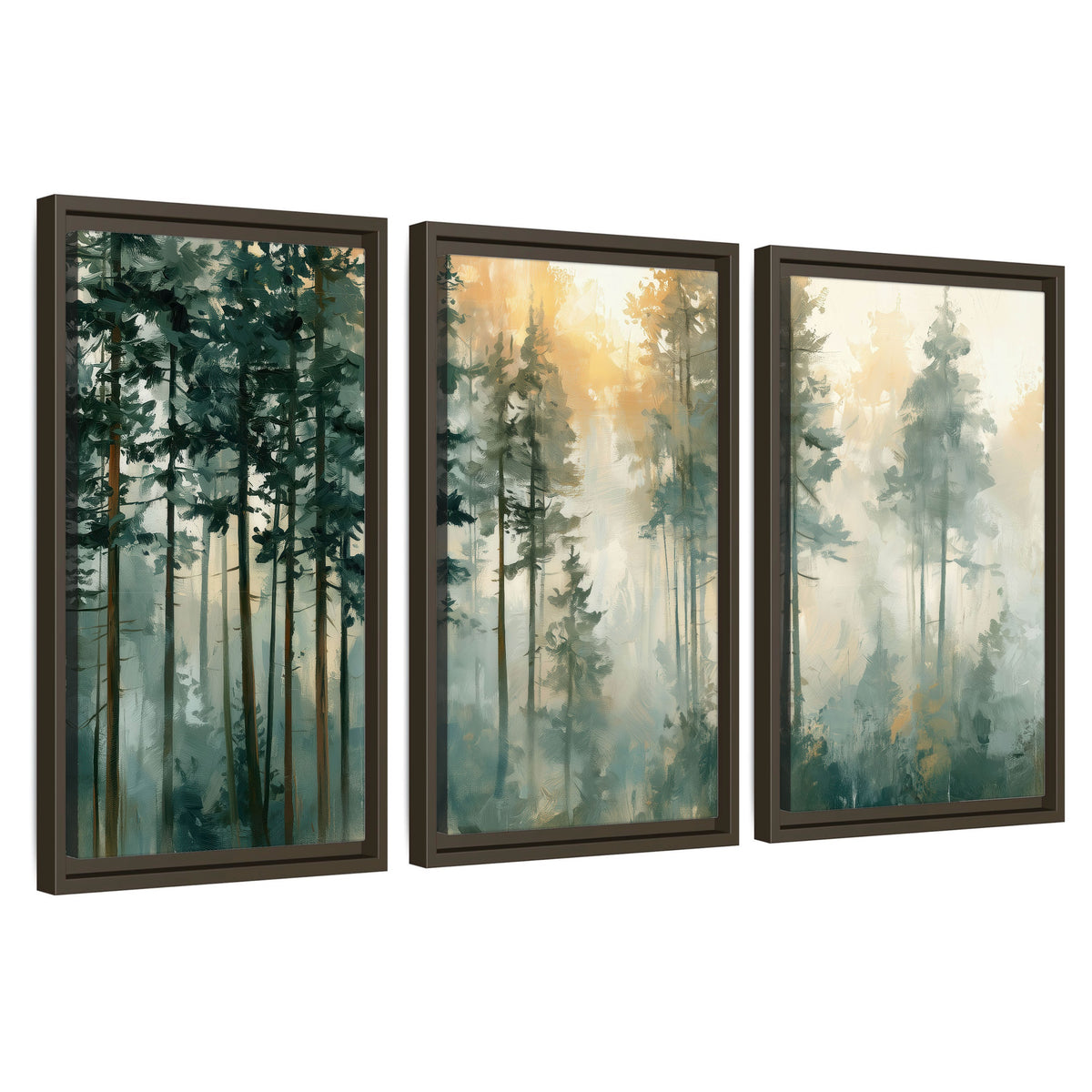 Misty pine forest watercolor painting 3 piece framed canvas wall art set on a white background