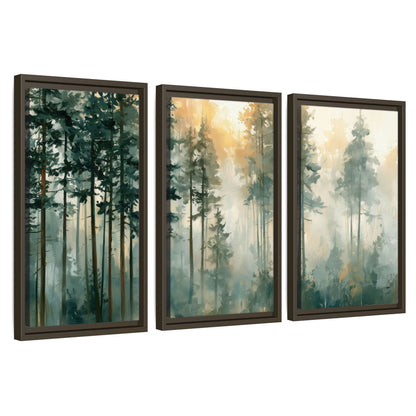 Misty pine forest watercolor painting 3 piece framed canvas wall art set on a white background
