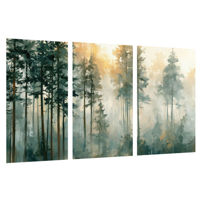 Misty pine forest watercolor painting set of 3 poster prints on a white background