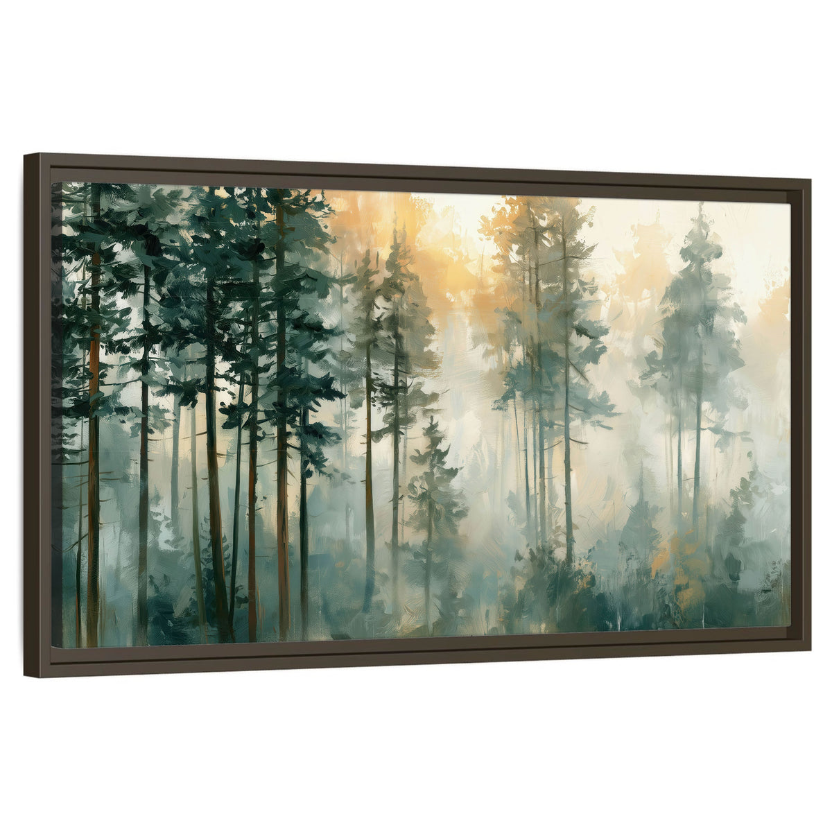 Misty pine forest watercolor painting framed canvas wall art on a white background