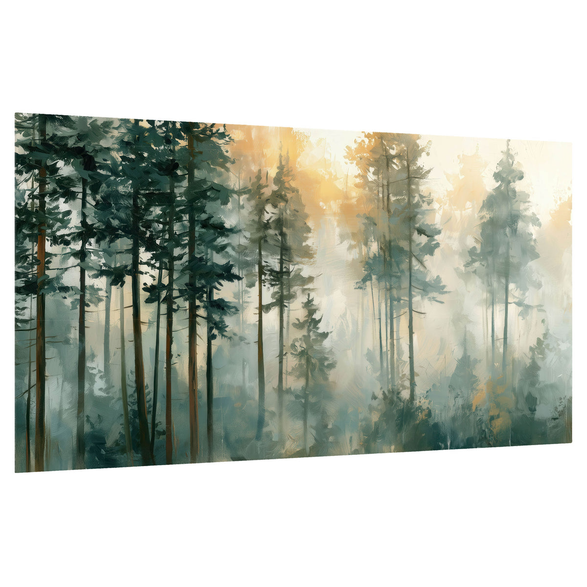 Misty pine forest watercolor painting poster print on a white background