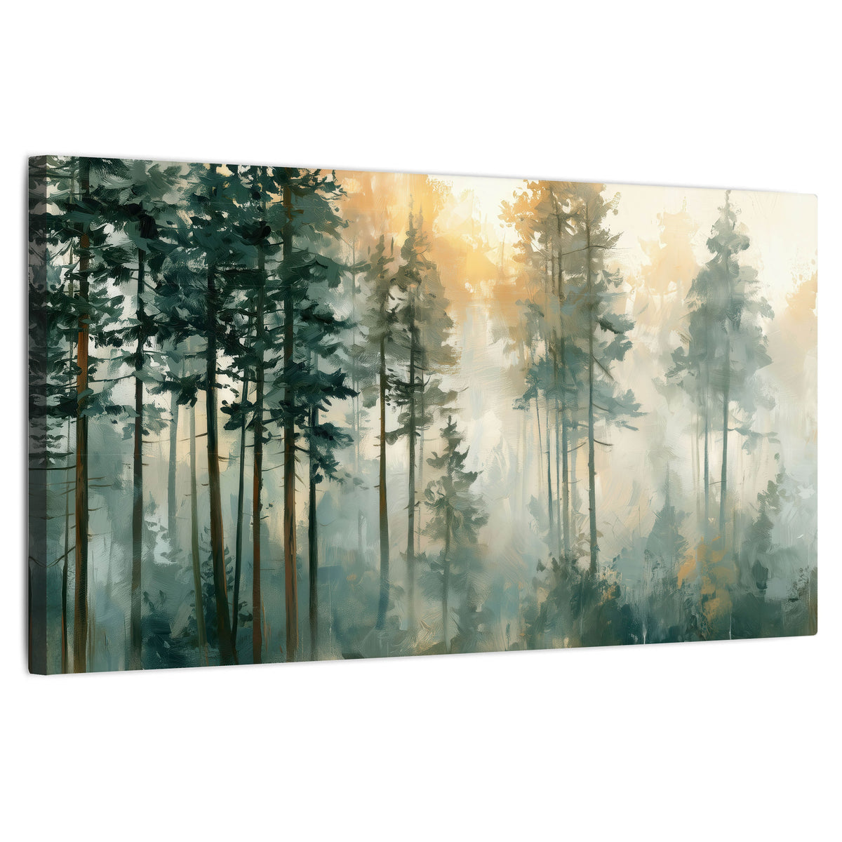 Misty pine forest watercolor painting stretched canvas wall art on a white background