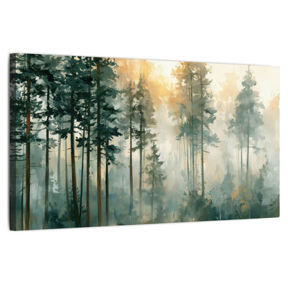 Misty pine forest watercolor painting stretched canvas wall art on a white background
