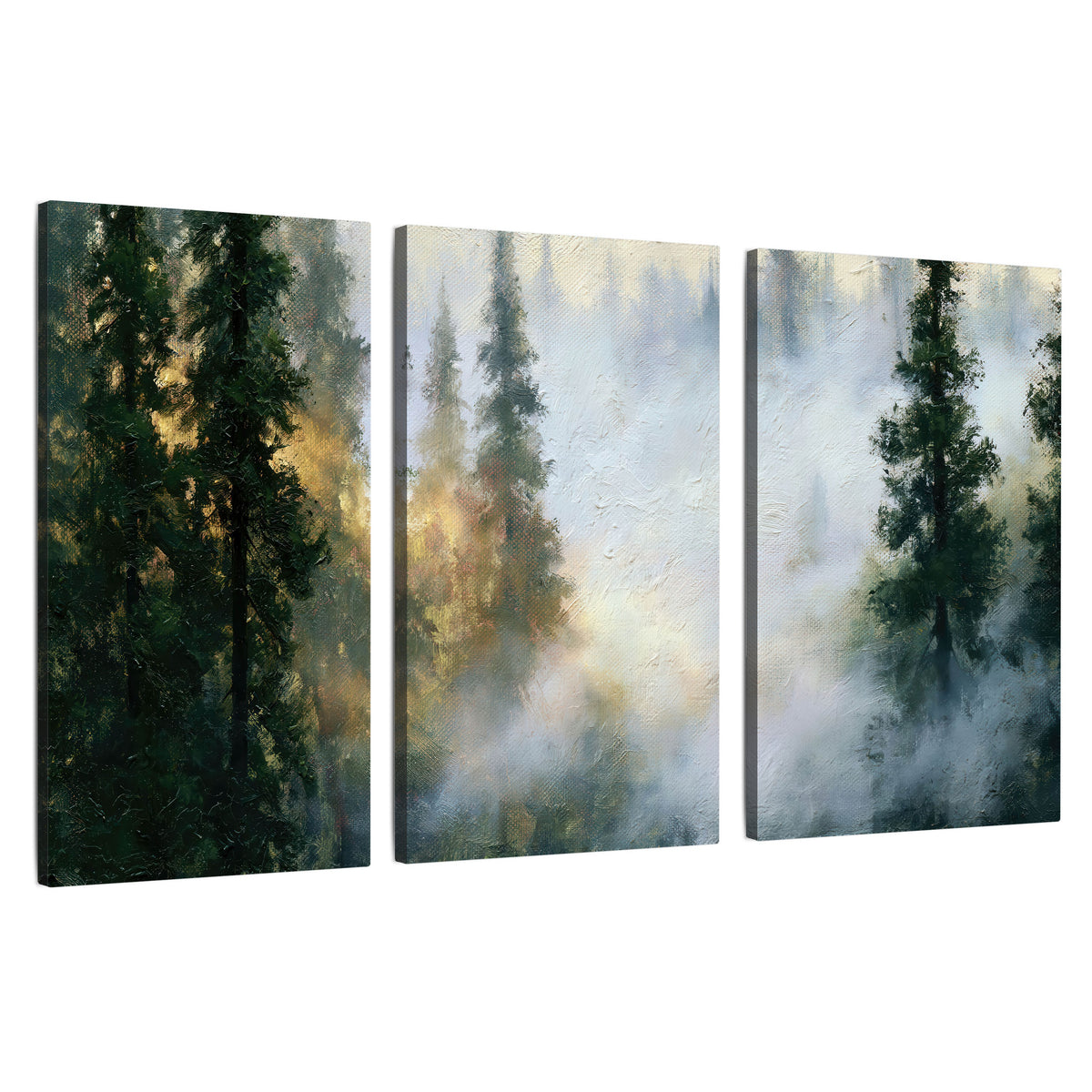 Foggy evergreen forest painting 3 piece canvas wall art set on a white background