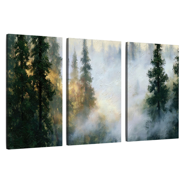 Foggy Evergreen Forest Wall Art – Sunlit Mist Textured Painting