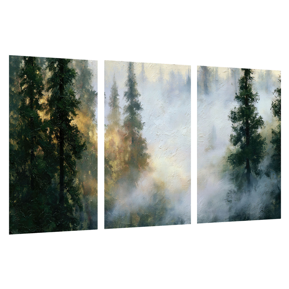 Foggy evergreen forest painting set of 3 poster prints on a white background
