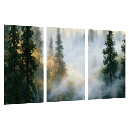 Foggy evergreen forest painting set of 3 poster prints on a white background