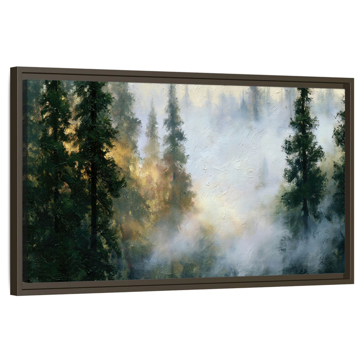 Foggy evergreen forest painting framed canvas wall art on a white background