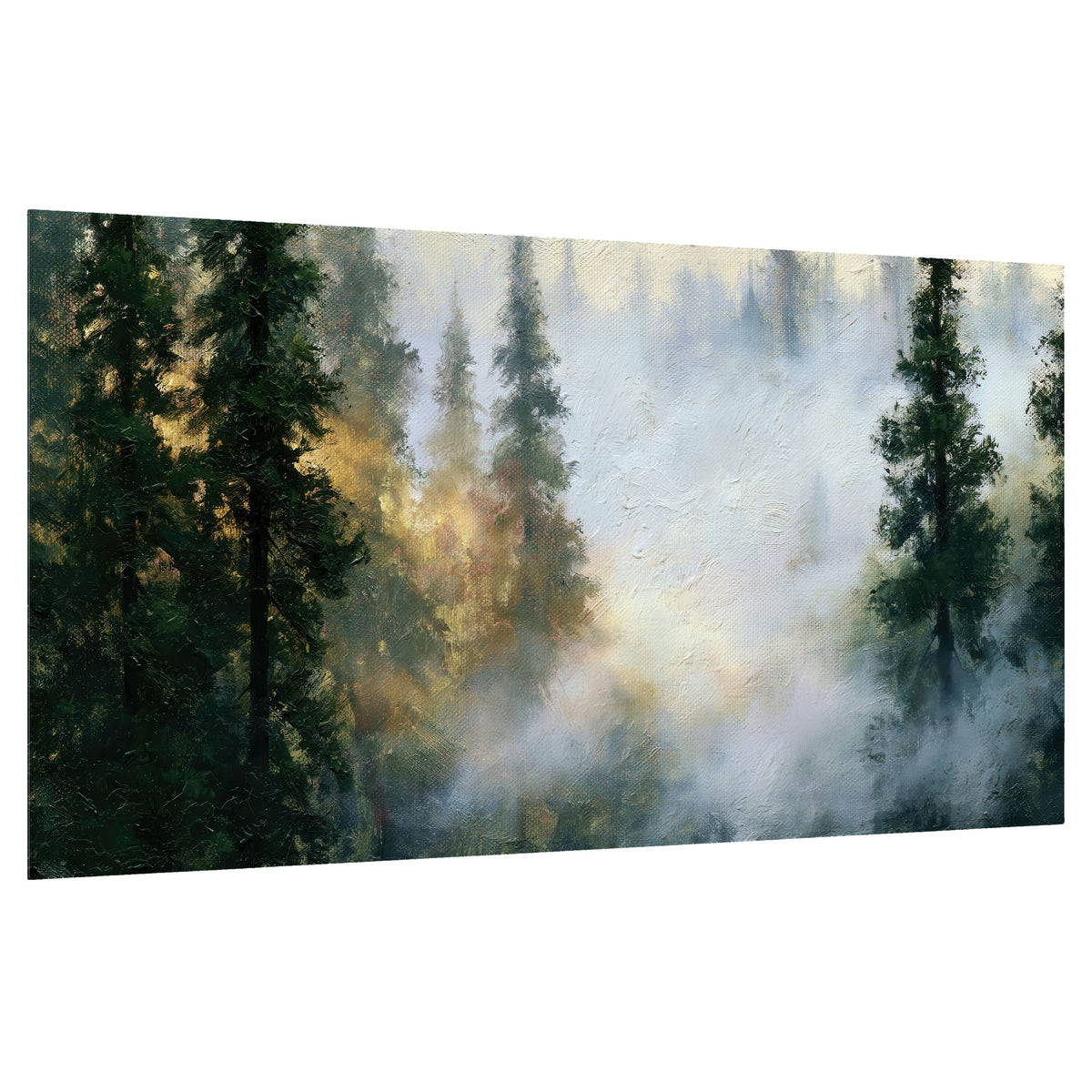 Foggy evergreen forest painting poster print on a white background