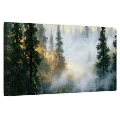 Foggy evergreen forest painting stretched canvas wall art on a white background