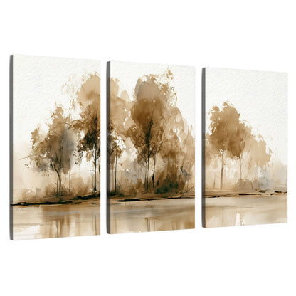 Sepia watercolor lakeside trees painting 3 piece canvas wall art set on a white background