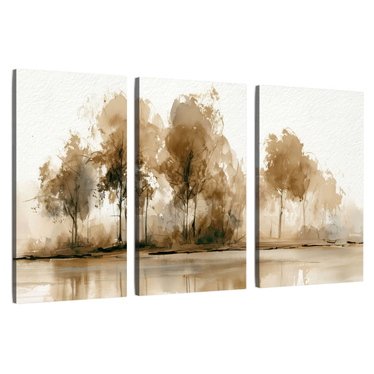 Sepia watercolor lakeside trees painting 3 piece canvas wall art set on a white background