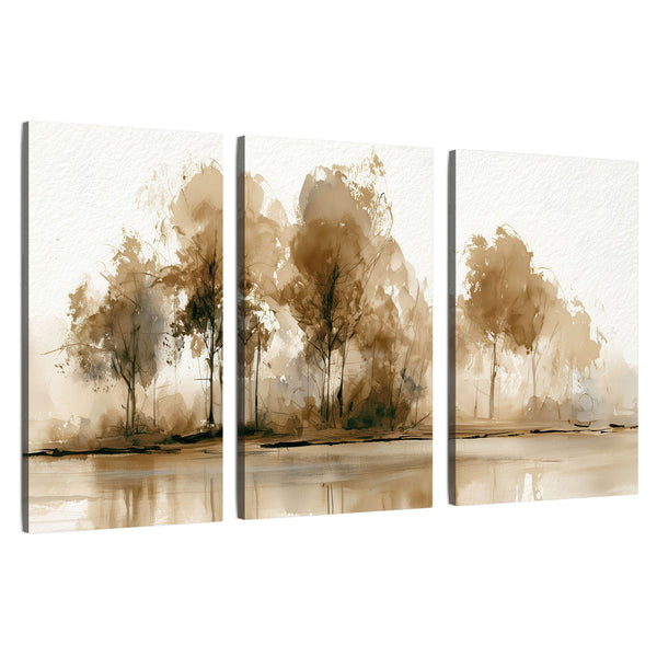 Sepia Watercolor Trees Wall Art – Neutral Lakeside Minimalist Painting