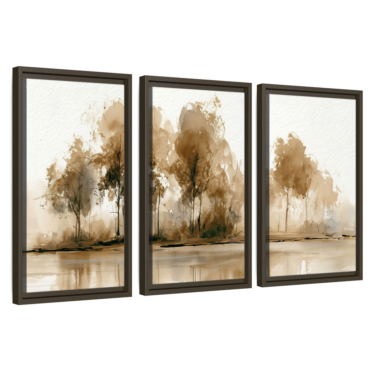 Sepia watercolor lakeside trees painting 3 piece framed canvas wall art set on a white background