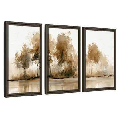 Sepia watercolor lakeside trees painting 3 piece framed canvas wall art set on a white background