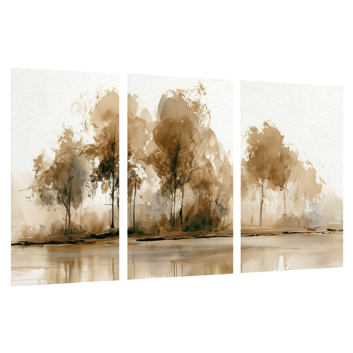 Sepia watercolor lakeside trees painting set of 3 poster prints on a white background