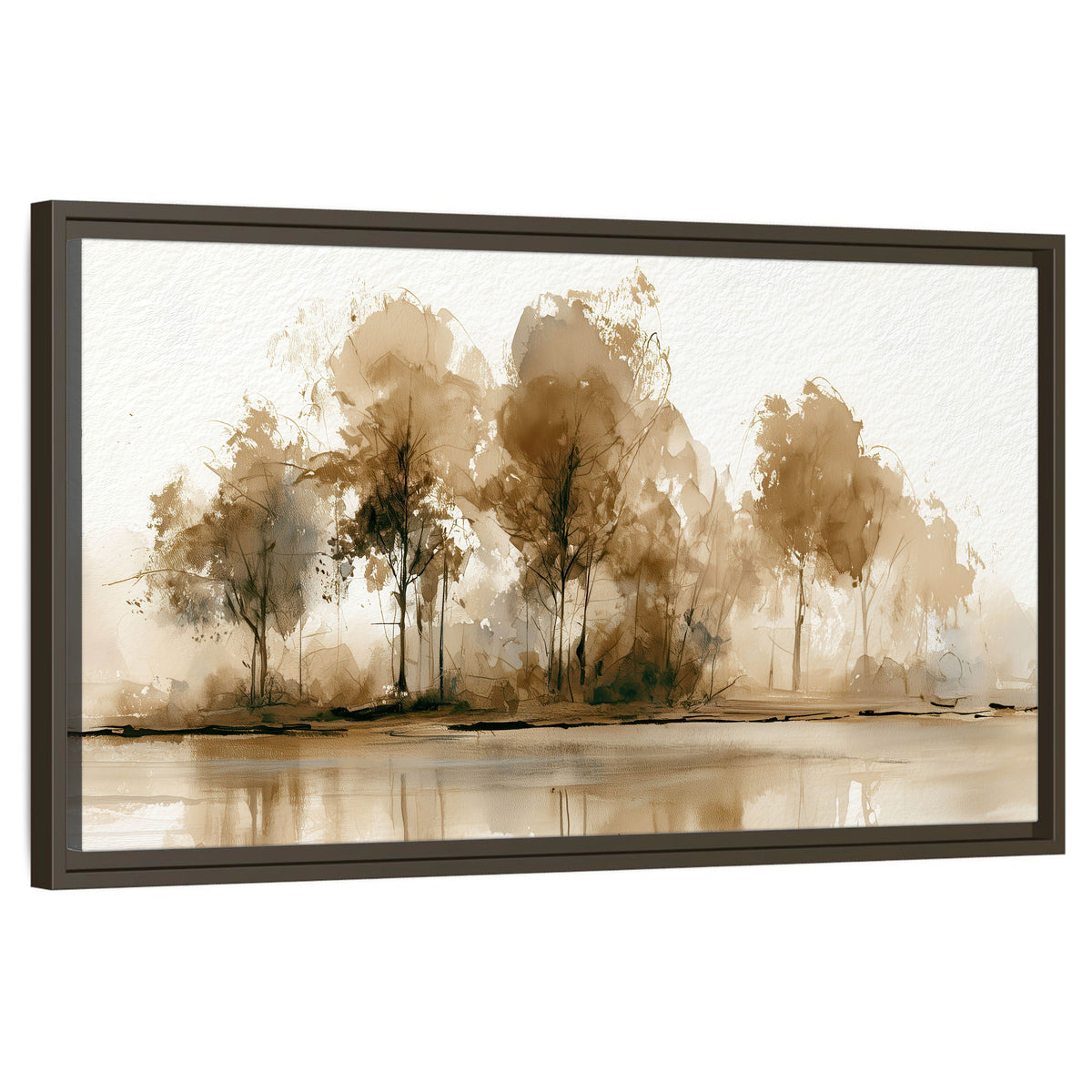 Sepia watercolor lakeside trees painting framed canvas wall art on a white background