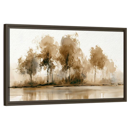 Sepia watercolor lakeside trees painting framed canvas wall art on a white background