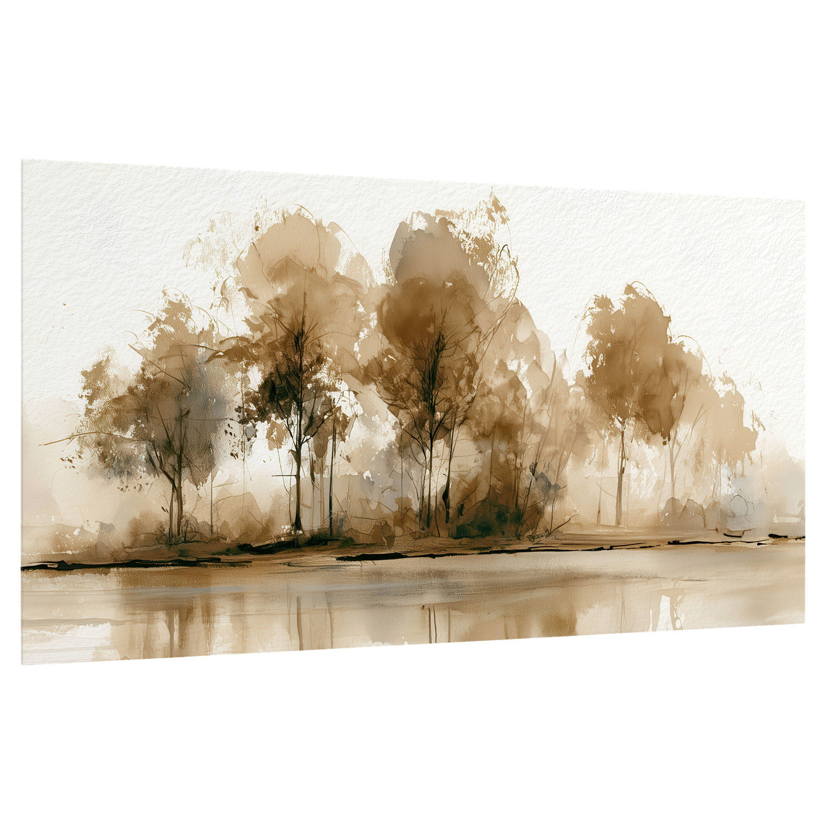 Sepia watercolor lakeside trees painting poster print on a white background