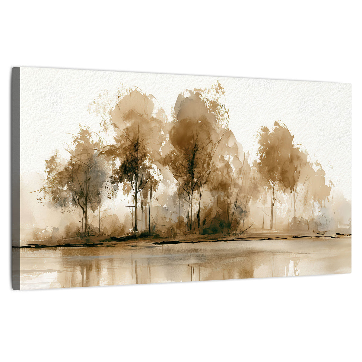 Sepia watercolor lakeside trees painting stretched canvas wall art on a white background