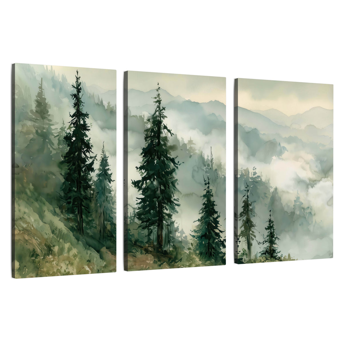 Misty mountain pines watercolor 3 piece canvas wall art set on a white background