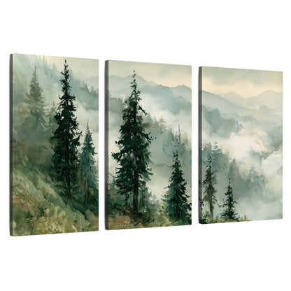 Misty mountain pines watercolor 3 piece canvas wall art set on a white background