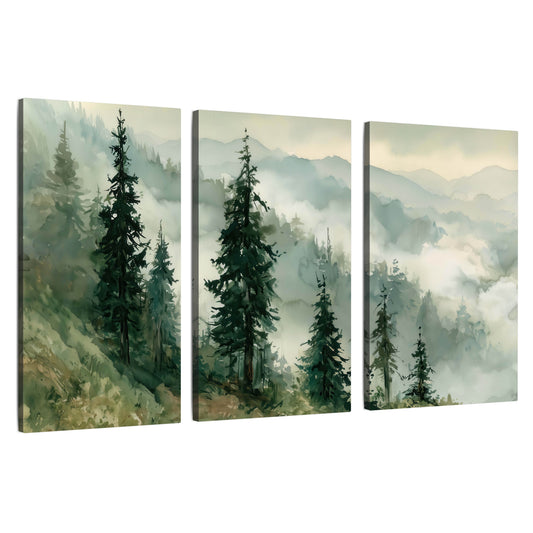 Misty mountain pines watercolor 3 piece canvas wall art set on a white background