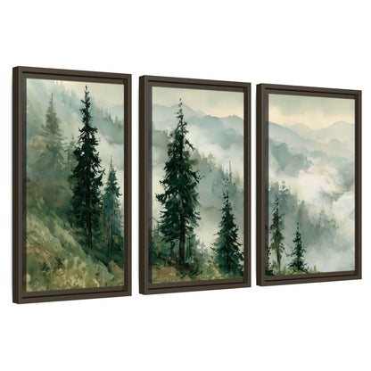 Misty mountain pines watercolor 3 piece framed canvas wall art set on a white background