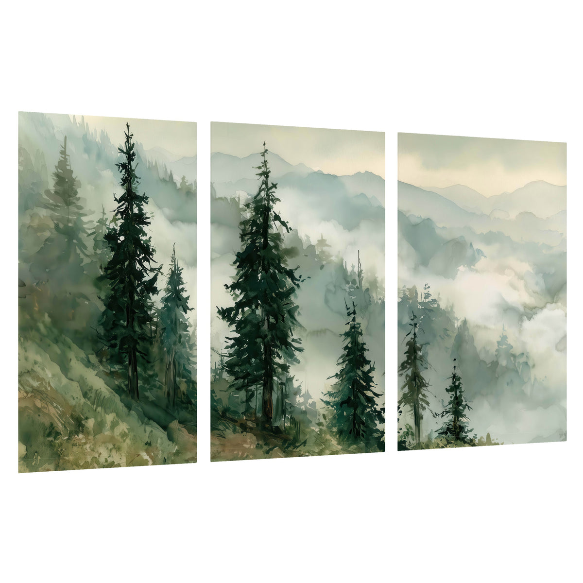 Misty mountain pines watercolor set of 3 poster prints on a white background