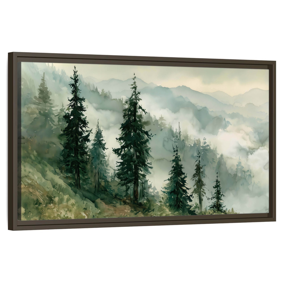 Misty mountain pines watercolor framed canvas wall art on a white background