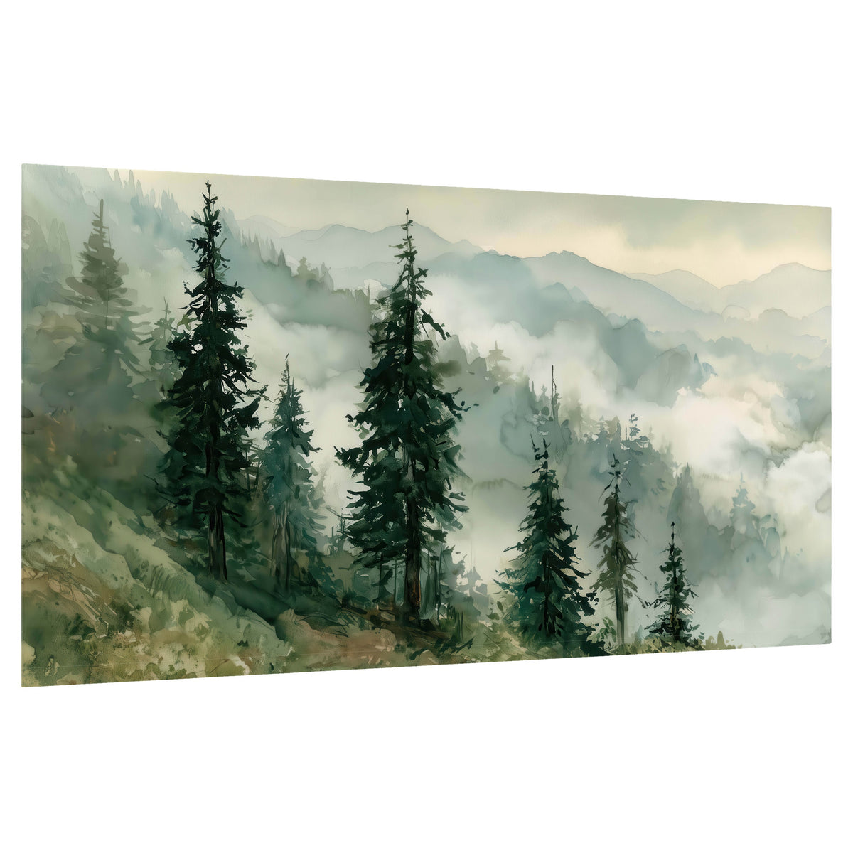 Misty mountain pines watercolor poster print on a white background