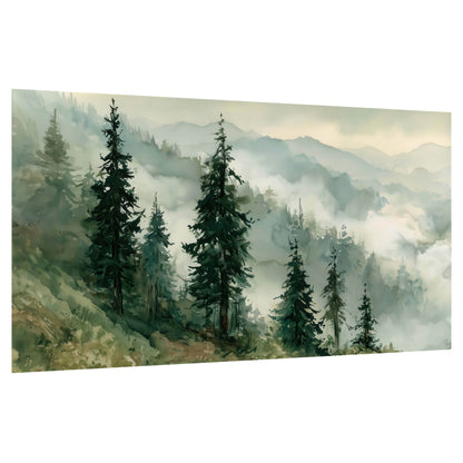 Misty mountain pines watercolor poster print on a white background